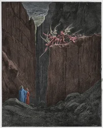 Inferno, Gesang 23: Die Dichter entkommen den Dämonen der fünften Bolgia (Illustration aus Die Göttliche Komödie von Dante Alighieri, 1885)